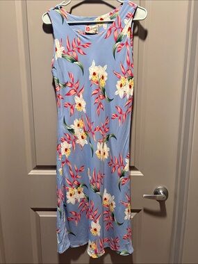 Vtg M Hilo Hattie The Hawaiian Original Blue Tropical Floral Rayon Sleeveless